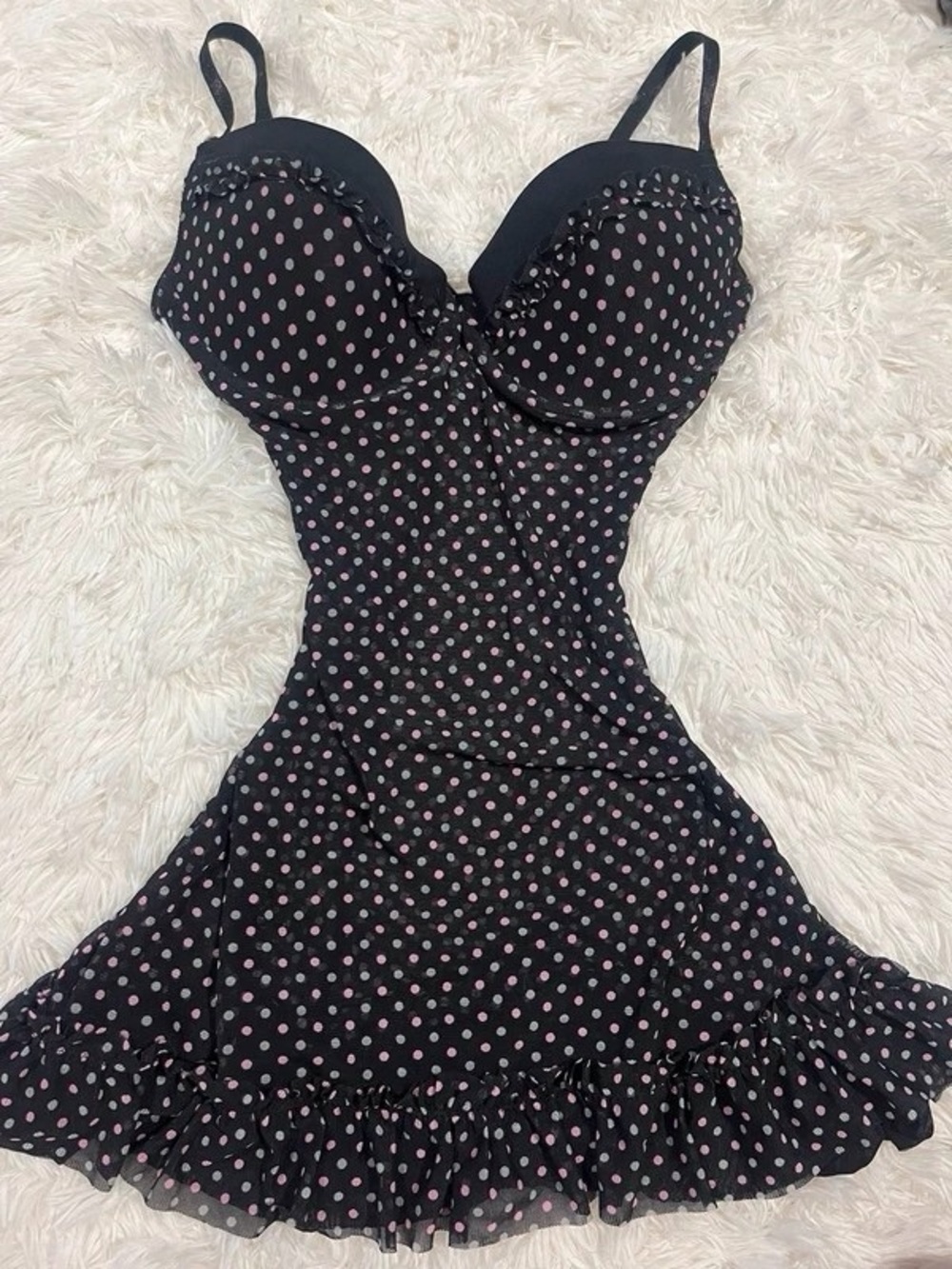 Black Polka Dot Midi Dress with Pink Dots and Ruffle Hem